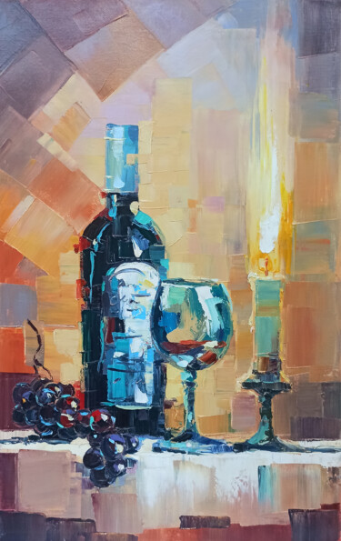 Painting titled "Still life with win…" by Narek, Original Artwork, Oil Mounted on Wood Stretcher frame