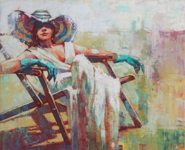 Painting titled "Lady in hat" by Narek, Original Artwork, Oil Mounted on Wood Stretcher frame
