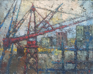 Malerei mit dem Titel "Cityscape  - Crane" von Narek, Original-Kunstwerk, Öl Auf Keilrahmen aus Holz montiert