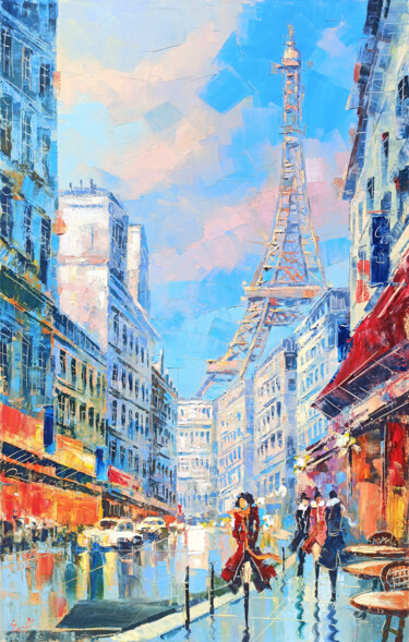 Schilderij getiteld "Cityscape - Paris" door Narek, Origineel Kunstwerk, Olie Gemonteerd op Frame voor houten brancard