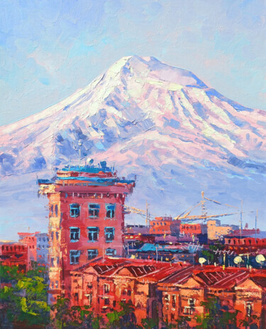 Painting titled "Cityscape - Yerevan" by Narek, Original Artwork, Oil Mounted on Wood Stretcher frame
