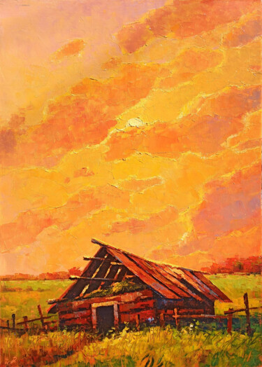 Painting titled "SUNSET SERENITY" by Narek, Original Artwork, Oil Mounted on Wood Stretcher frame