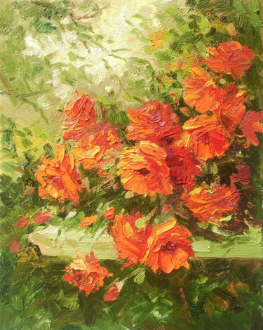 Schilderij getiteld "Summer's Fiery Bouq…" door Narek, Origineel Kunstwerk, Olie Gemonteerd op Frame voor houten brancard