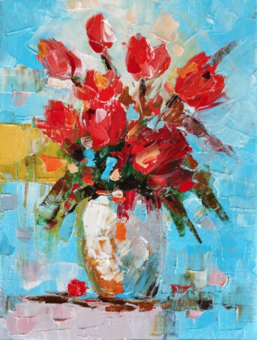 Painting titled "Crimson Poppy Delig…" by Narek, Original Artwork, Oil Mounted on Wood Stretcher frame