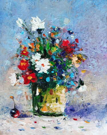 Painting titled "Bouquet of Joy" by Narek, Original Artwork, Oil Mounted on Wood Stretcher frame