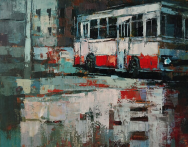 Painting titled "Crimson Commute" by Narek, Original Artwork, Oil Mounted on Wood Stretcher frame