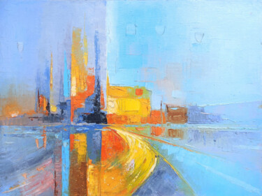 Painting titled "City by the Shore" by Narek, Original Artwork, Oil Mounted on Wood Stretcher frame