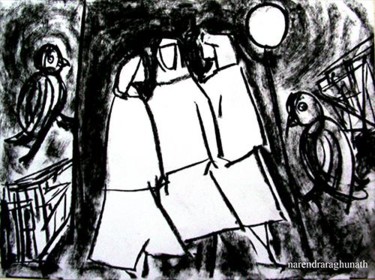 Drawing titled "three girls and bir…" by Narendraraghunath, Original Artwork