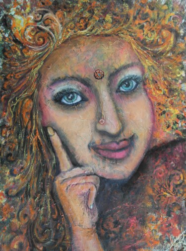 Malerei mit dem Titel "Indian Girl" von N.N. Art, Original-Kunstwerk, Öl Auf Keilrahmen aus Holz montiert
