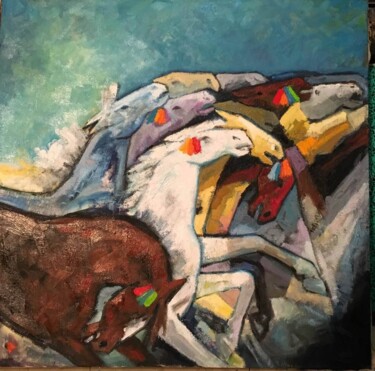 Malarstwo zatytułowany „Fuite de chevaux” autorstwa Nasser Ghazizadeh, Oryginalna praca, Olej