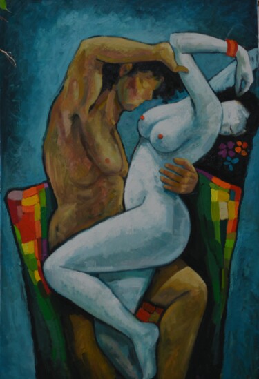 Painting titled "Amour fusionnel" by Nasser Ghazizadeh, Original Artwork, Oil