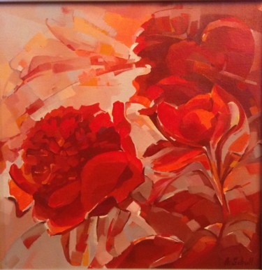 Painting titled "pivoines rouges" by Anastasiia Schull, Original Artwork, Oil