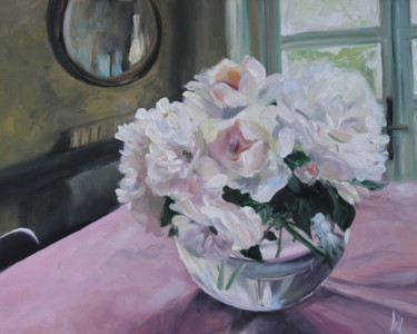Painting titled "Розы на столе" by Anastasia Kolesnikova, Original Artwork, Oil