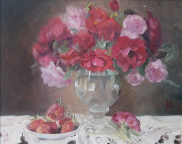 Peinture intitulée "Roses and strowberry" par Anastasia Kolesnikova, Œuvre d'art originale, Huile