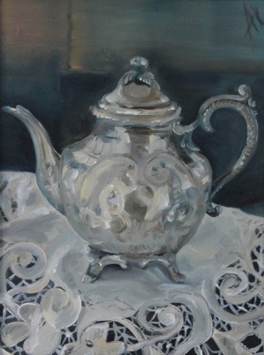 Картина под названием "Teapot on the table…" - Anastasia Kolesnikova, Подлинное произведение искусства, Масло