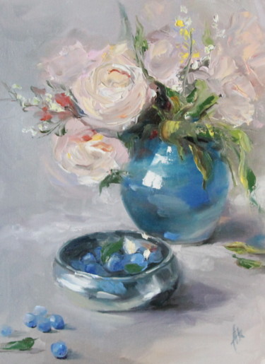 Schilderij getiteld "roses and blueberri…" door Anastasia Kolesnikova, Origineel Kunstwerk, Olie