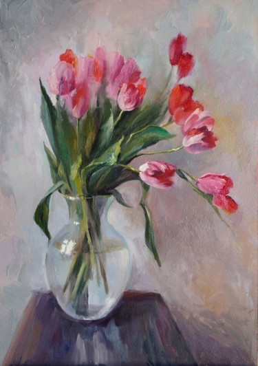 Картина под названием "Тюльпаны" - Anastasia Kolesnikova, Подлинное произведение искусства, Масло