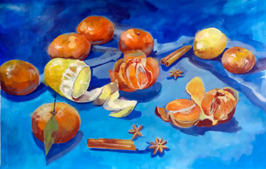 Peinture intitulée "Мандарины и лимон н…" par Nastya Poleva, Œuvre d'art originale, Tempera