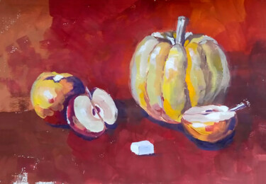 Schilderij getiteld "Тыква и яблоки и са…" door Nastya Poleva, Origineel Kunstwerk, Gouache