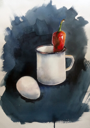 Рисунок под названием "Натюрморт с яйцом и…" - Nastya Poleva, Подлинное произведение искусства, Акварель