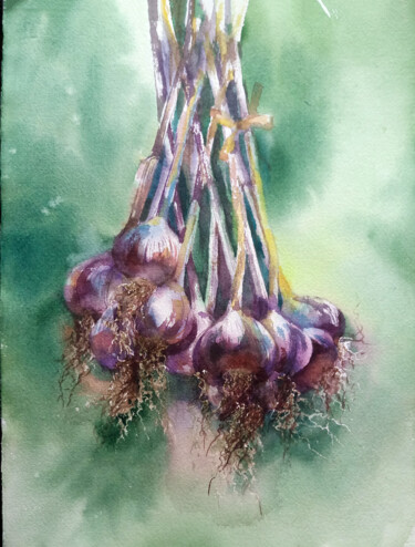 Painting titled "Связка чеснок 2" by Nastya Poleva, Original Artwork, Watercolor