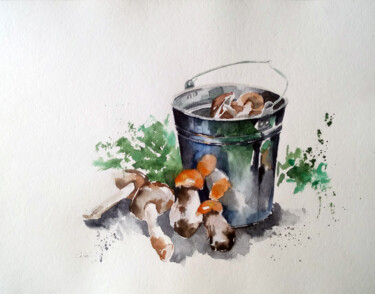 Dessin intitulée "Ведро  с грибами" par Nastya Poleva, Œuvre d'art originale, Aquarelle