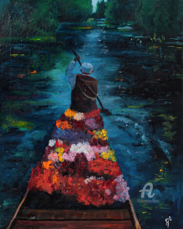 Painting titled "Flower Seller. Lake…" by Nastya Prairie, Original Artwork, Oil
