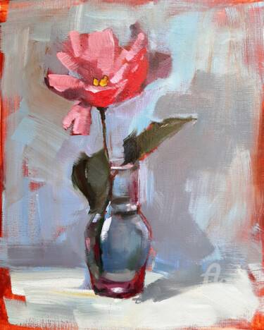 Painting titled "Flower in a vase 20…" by Nastya Prairie, Original Artwork, Oil