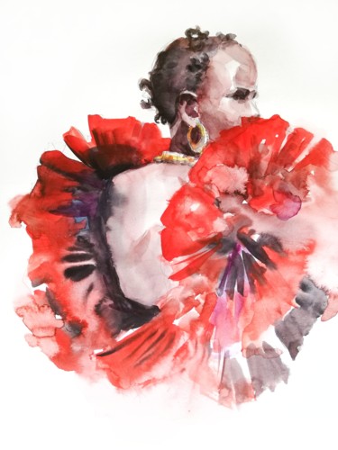 Malerei mit dem Titel "Red dress" von Nastia Manga, Original-Kunstwerk, Aquarell