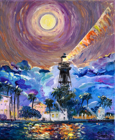 Painting titled "Lighthouse At Nigh" by Natalia Shchipakina, Original Artwork, Oil