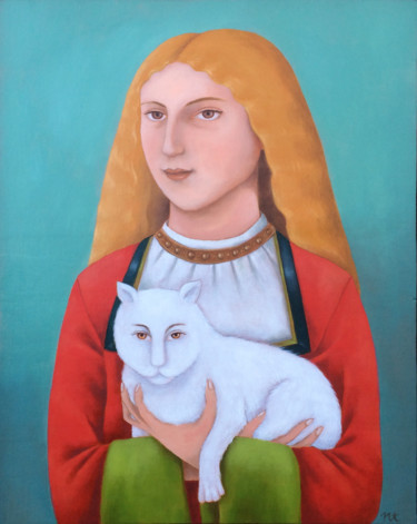 Painting titled "Chat médiéval" by Nathalie Tousnakhoff, Original Artwork, Oil