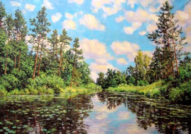 Painting titled "Летний пейзаж12" by Nata Go, Original Artwork, Oil Mounted on Wood Stretcher frame
