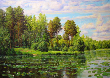 Painting titled "Летний пейзаж24" by Nata Go, Original Artwork, Oil Mounted on Wood Stretcher frame