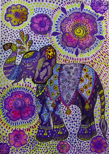 Malerei mit dem Titel "Darbuk elephant" von Nata K, Original-Kunstwerk, Aquarell