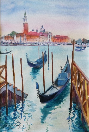 Painting titled "Gondolas of Venice…" by Natalia Kavolina, Original Artwork, Watercolor