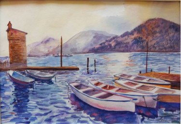 Painting titled "Sea, boats, mountai…" by Natalia Kavolina, Original Artwork, Watercolor