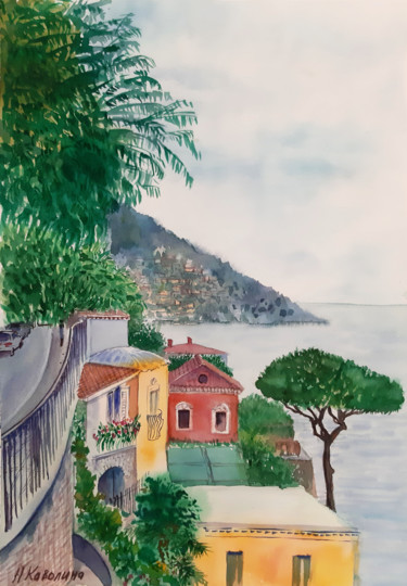 Painting titled "South Italy. Houses…" by Natalia Kavolina, Original Artwork, Watercolor