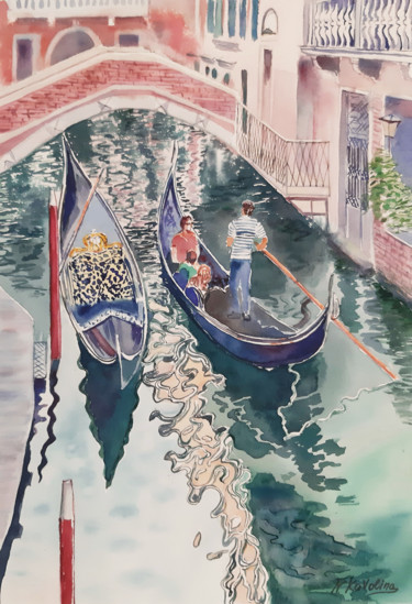 Peinture intitulée "Venice. Gondolas. B…" par Natalia Kavolina, Œuvre d'art originale, Aquarelle