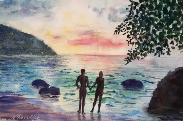 Pintura intitulada "Two by the ocean. S…" por Natalia Kavolina, Obras de arte originais, Aquarela