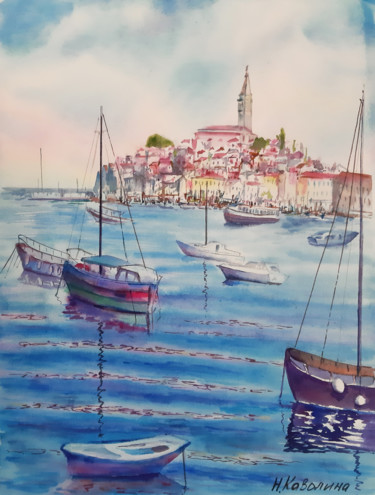Peinture intitulée "A182. Boats, seacoa…" par Natalia Kavolina, Œuvre d'art originale, Aquarelle
