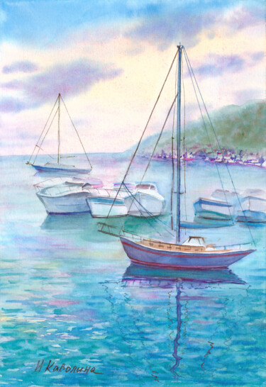 Painting titled "A212. Yachts in the…" by Natalia Kavolina, Original Artwork, Watercolor
