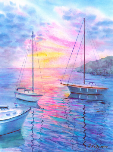 Painting titled "A208. Yachts in the…" by Natalia Kavolina, Original Artwork, Watercolor