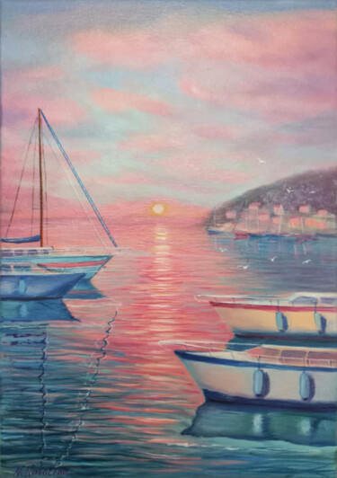 Painting titled "P1. Boats in the ba…" by Natalia Kavolina, Original Artwork, Oil