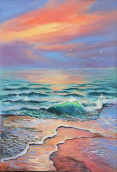 Painting titled "D7. Sunset sea and…" by Natalia Kavolina, Original Artwork, Oil Mounted on Wood Stretcher frame