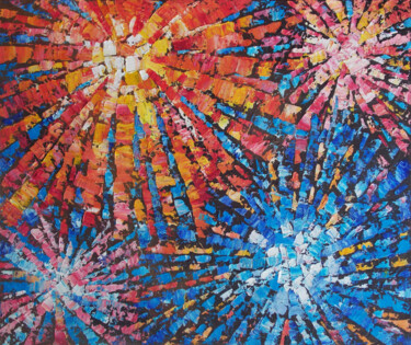Peinture intitulée "Firework. Night Sky…" par Nata Korpusova, Œuvre d'art originale, Huile Monté sur Châssis en bois
