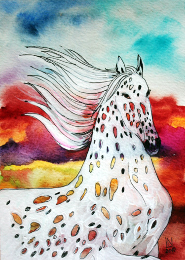 Painting titled "White Horse abstrac…" by Natasha Ledeneva, Original Artwork, Watercolor