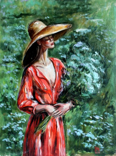 Painting titled "Lady in Red and Whi…" by Natasha Ledeneva, Original Artwork, Oil