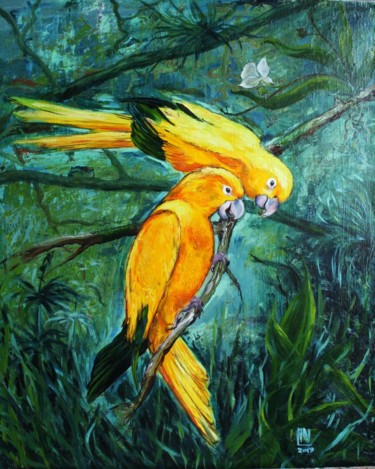 Painting titled "Yellow Parakeets Tr…" by Natasha Ledeneva, Original Artwork, Oil Mounted on Wood Stretcher frame