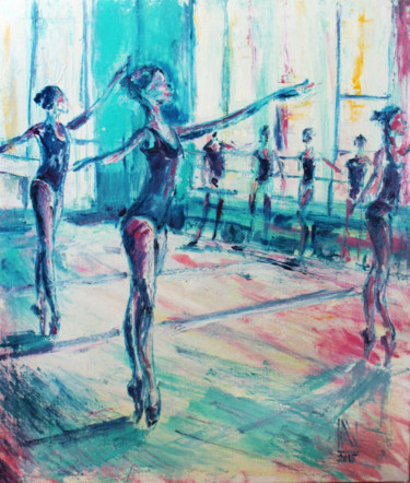 Painting titled "Ballet class Young…" by Natasha Ledeneva, Original Artwork, Oil Mounted on Wood Stretcher frame