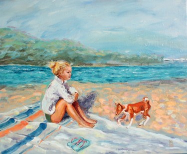 Painting titled "Girl on the beach" by Natasha Ledeneva, Original Artwork, Oil Mounted on Wood Stretcher frame